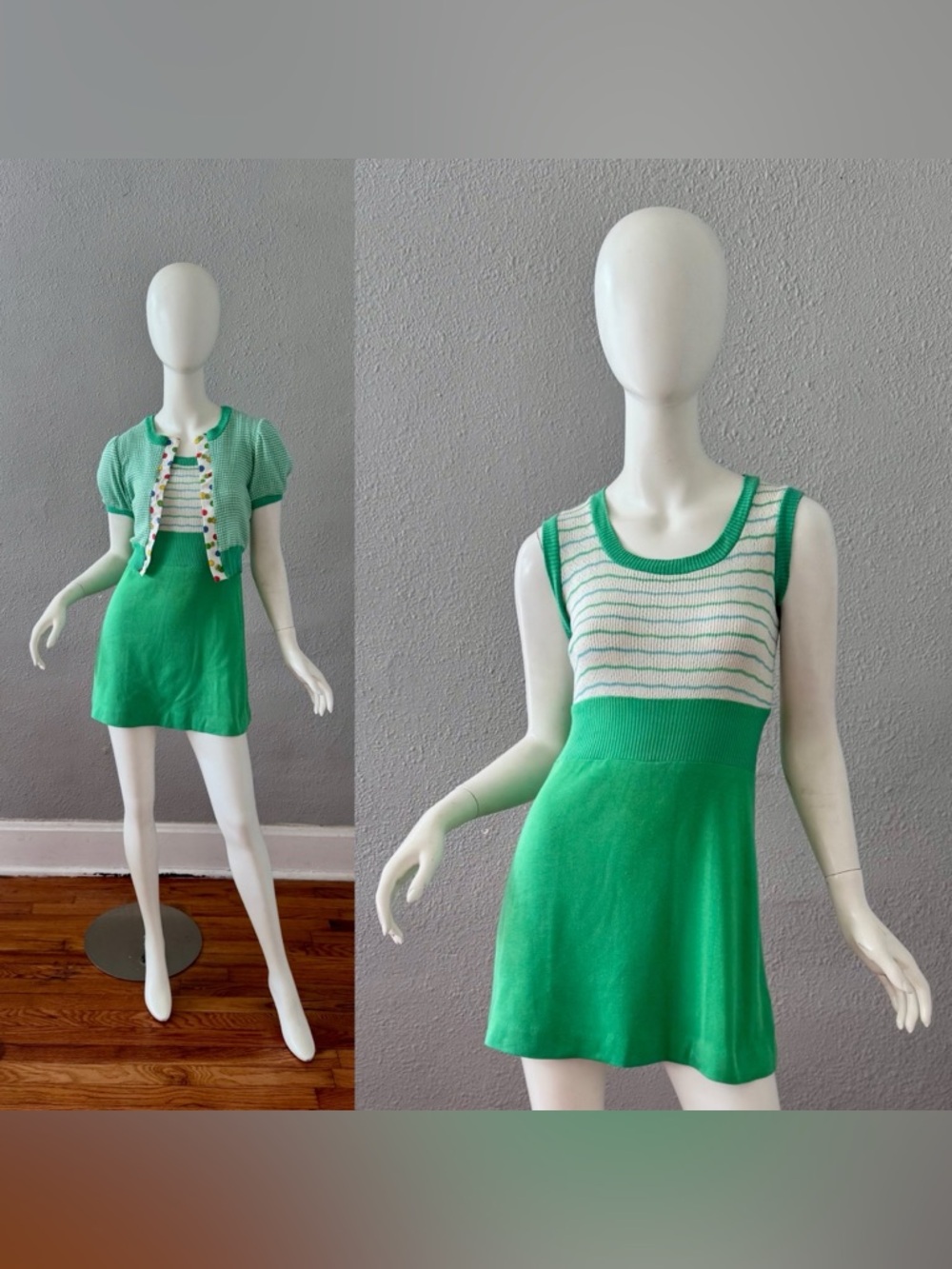Vintage 60s 70s Green 2 Pc Go-Go MOD Mini Dress Set XXS